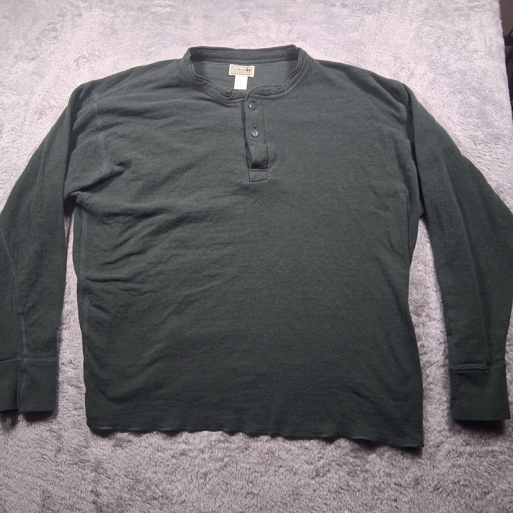 L.L. Bean Henley Shirt Mens 2XL Green Long Sleeve Jersey Wool Casual Outdoor